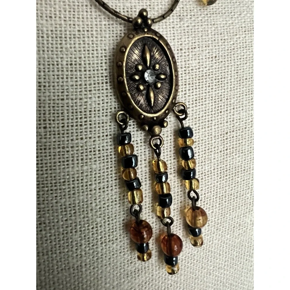 Boho Beaded Tassel Antique Gold Medallion Necklace Black Amber Earrings Set